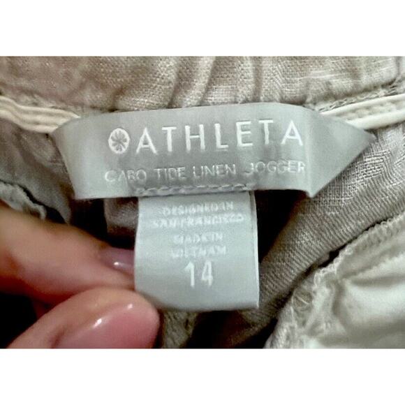 Athleta Beige Camo Print Cabo Tide Linen Jogger Women's Pants Size 14 - Picture 3 of 5